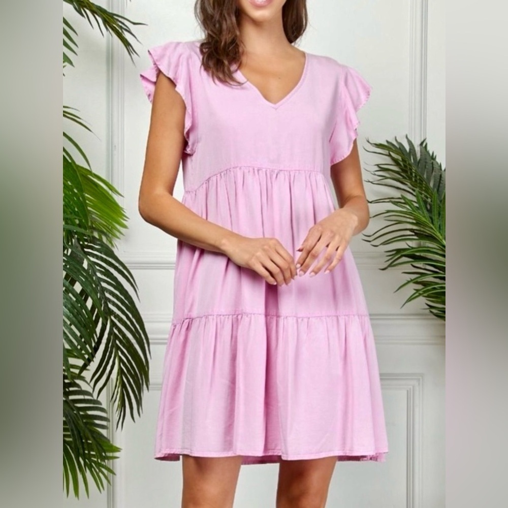 Veveret Womens Pink V-Neck Flutter Sleeves Tiered Summer short Dress Size Large